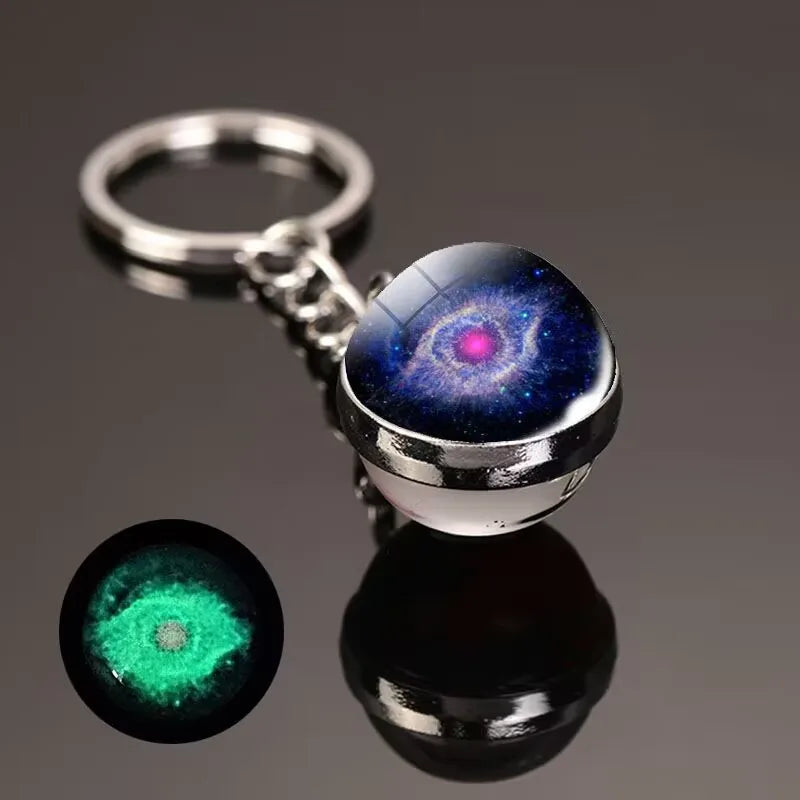 Glow in the Dark Solar System Keychain – Luminous Nebula Planet Key Ring with Moon, Earth, Sun, Double-Sided Glass Ball