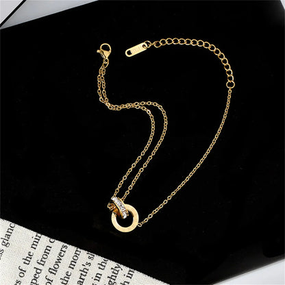 Titanium Steel Roman Digital Jewelry Set - Double Ring Pendant Necklace, Bracelet, and Earrings for Women