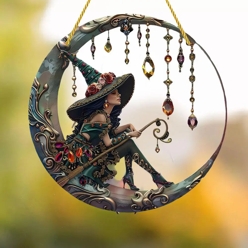 8x8 Inch Moonlight Witch Acrylic Stained Glass Suncatcher - Charming Window Hanging Wall Art Decor