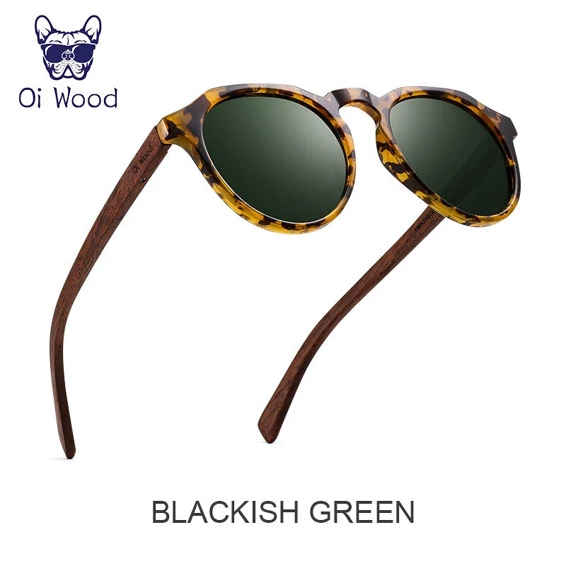 Oi Wood Round Sunglasses — Walnut Wood Frames with Red Lens & Tortoise Shell Design for Men & Women
