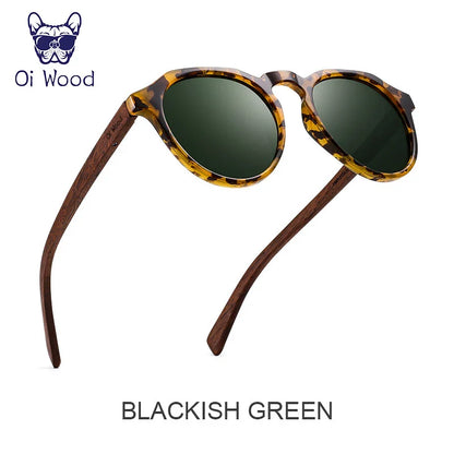 Oi Wood Round Sunglasses — Walnut Wood Frames with Red Lens & Tortoise Shell Design for Men & Women
