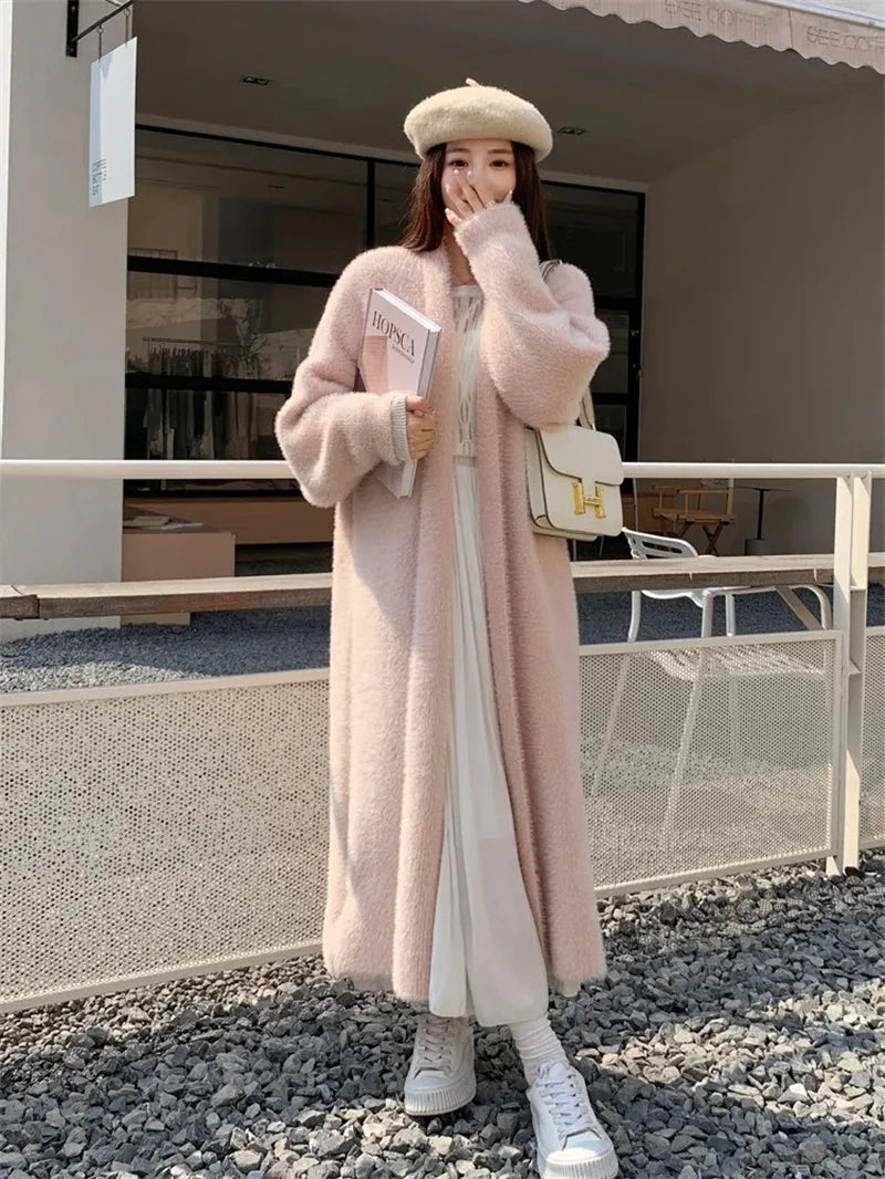 023 Autumn/Winter Lazy Style Loose Knee-Length Knitted Sweater Cardigan Coat – Thickened Pure Imitation Mink Fleece for Women