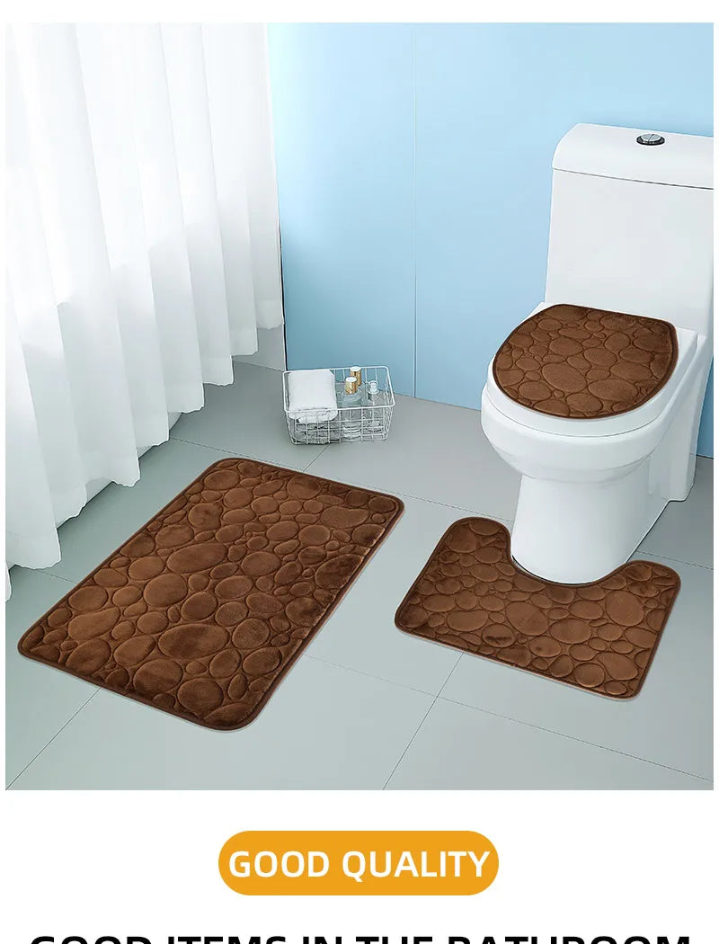 Solid Color Simple Bathroom Mat Set - Water-Absorbing, Non-Slip Stone Pattern, Comfortable & Soft (3PC)
