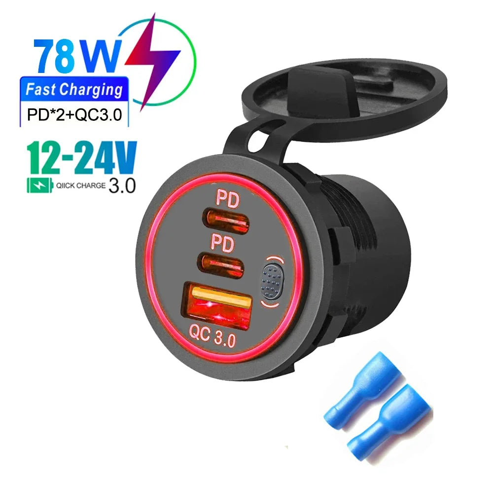 QC3.0 + PD 78W Car Charger Socket Triple USB Type-C Fast Charging Power Adapter with Switch Waterproof 12V/24V Universal Car Charger