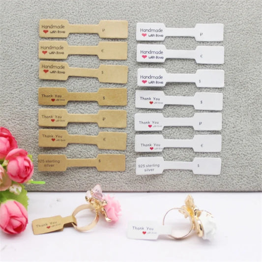 100PCS Multi-Style Ring Price Labels — White & Kraft Jewelry Tag Stickers 6×1.2cm