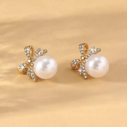 Women’s Silver Bow Earrings with Diamond Pearl – Fashionable High-End Studs