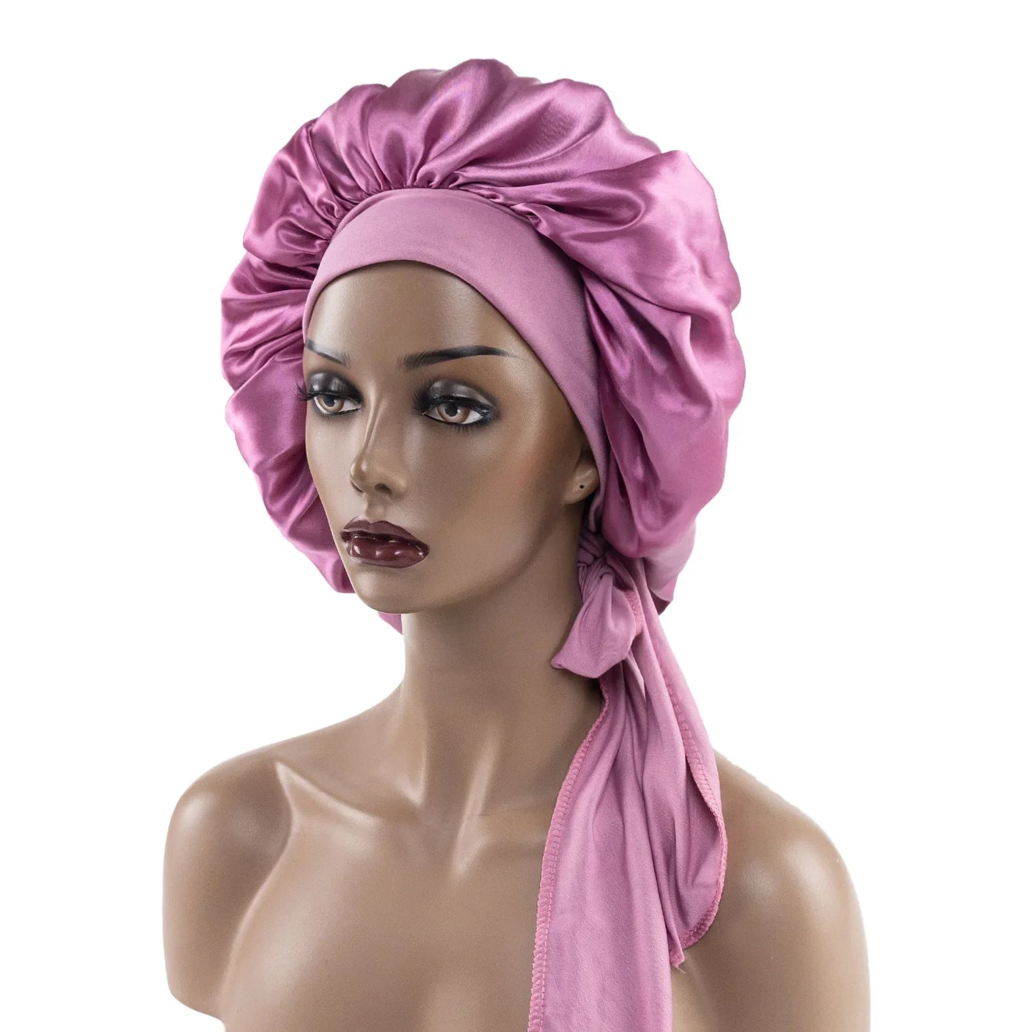 Satin Nightcap for Women - Wide Stretch, Extra-Large Long Tail, Shower Cap with Ribbon, Round Hat Hair Bonnet