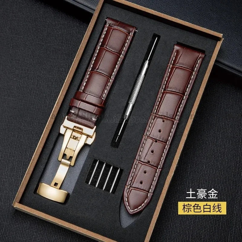 Universal Genuine Leather Watch Band 12–24mm with Butterfly Clasp – Premium Strap for Men & Women (Gift Box Included)