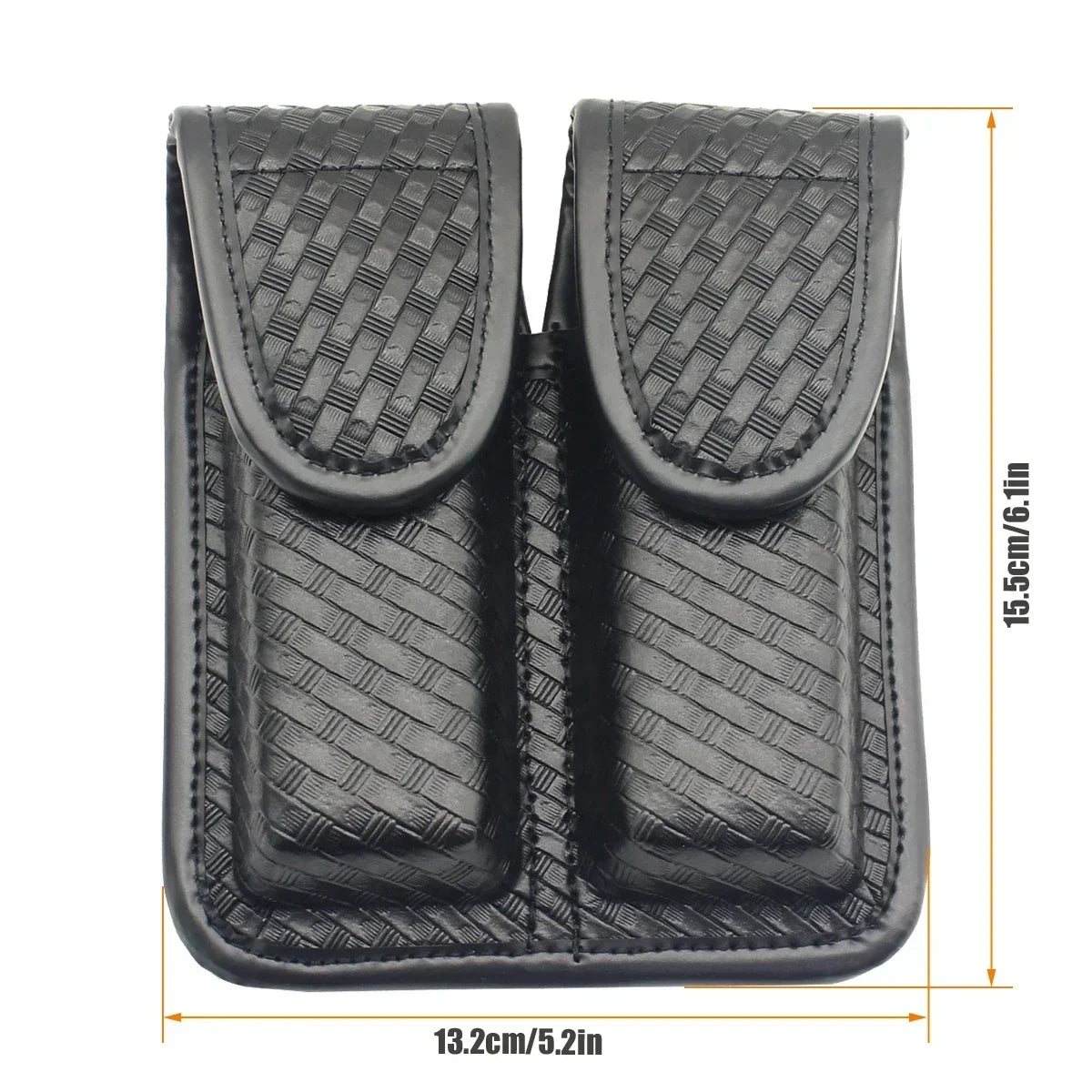 Tactical Black Basketweave Double Magazine Pouch - Leather Handgun Mag Holder with Snap Closure