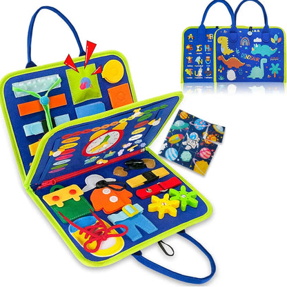 Toddler Montessori Busy Board – Dinosaur Dress-Up, Learning & Sensory Activities, Travel Toy & Life Skills Backpack