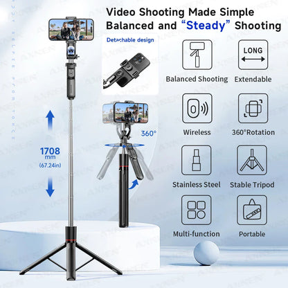 F16 Selfie Stick Tripod – 1708mm 8-Section Extendable Pole with Bluetooth Remote, 360° Rotation & 1/4 Screw Mount for Phone Camera Vlogging & Photography