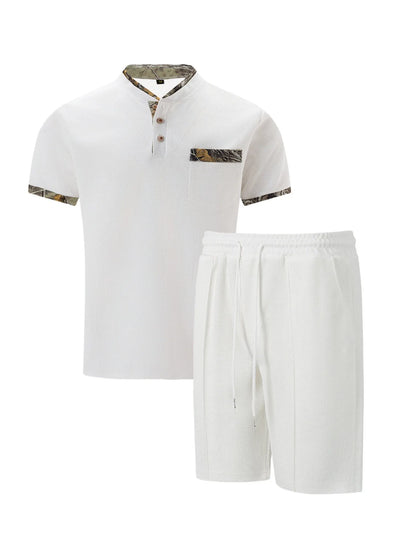 2025 Men's Summer Waffle Knit Short Set – Solid Color Zip-Up Lapel Shirt & Shorts | European & US Style