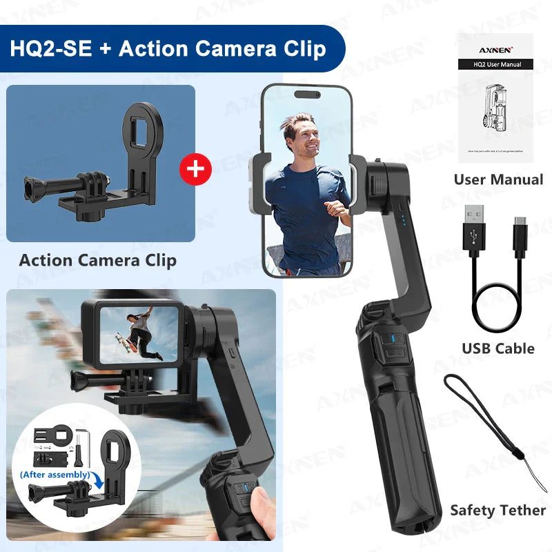 AXNEN HQ2 Series Handheld Mobile Phone Stabilizer – Smartphone Gimbal & GoPro Extension Rod Selfie Stick Tripod