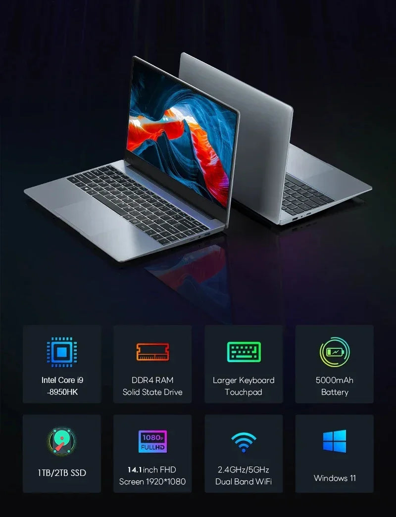 14.1" Portable Windows 11 Laptop – Intel Core i9-8950HK, 16GB RAM, 1TB/2TB SSD, HD Screen Notebook PC