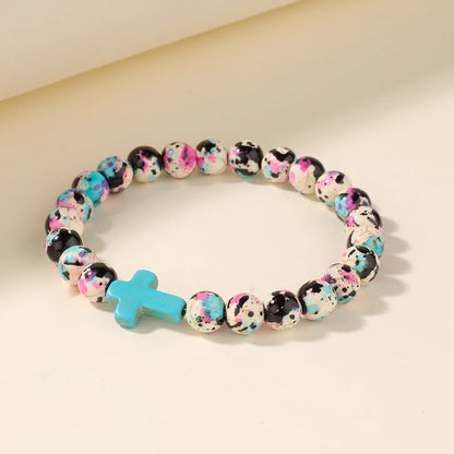 Jesus Cross Beaded Bracelet - Colorful Stone Faith Jewelry for Women, Meditation & Baptism Gifts