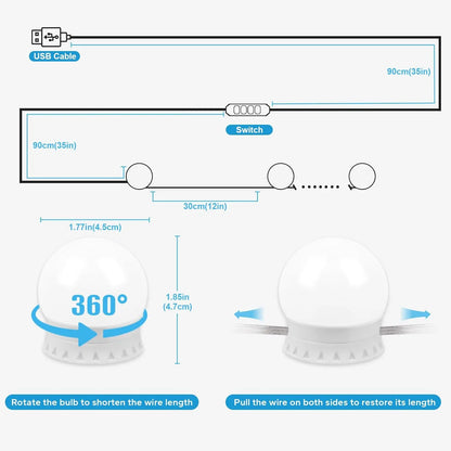 LED Vanity USB Mirror Light — 10 Dimmable Bulbs, 3000/4000/6500K with 10-Level Brightness for Makeup & Dressing Room
