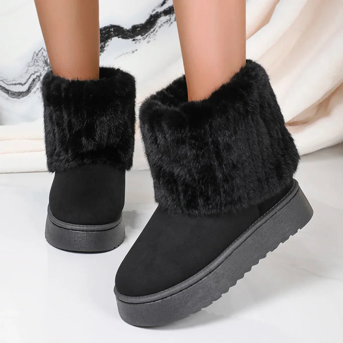 Women’s Winter Mid-Calf Boots – Round Toe Plush Lined, Thick Sole, Anti-Slip Casual Snow Boots in Beige