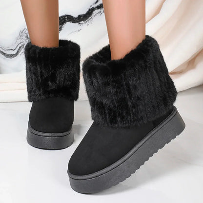 Women’s Winter Mid-Calf Boots – Round Toe Plush Lined, Thick Sole, Anti-Slip Casual Snow Boots in Beige