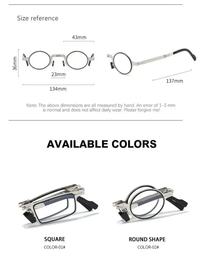 Unisex Folding Reading Glasses – Full Metal Frame, Transparent Lenses, Anti-Blue Light with Case