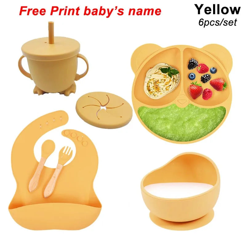 6-Piece Baby Feeding Plate Set – Silicone Suction Bowls, Plates, Cups & Spoon for Kids, Personalized Name Tableware