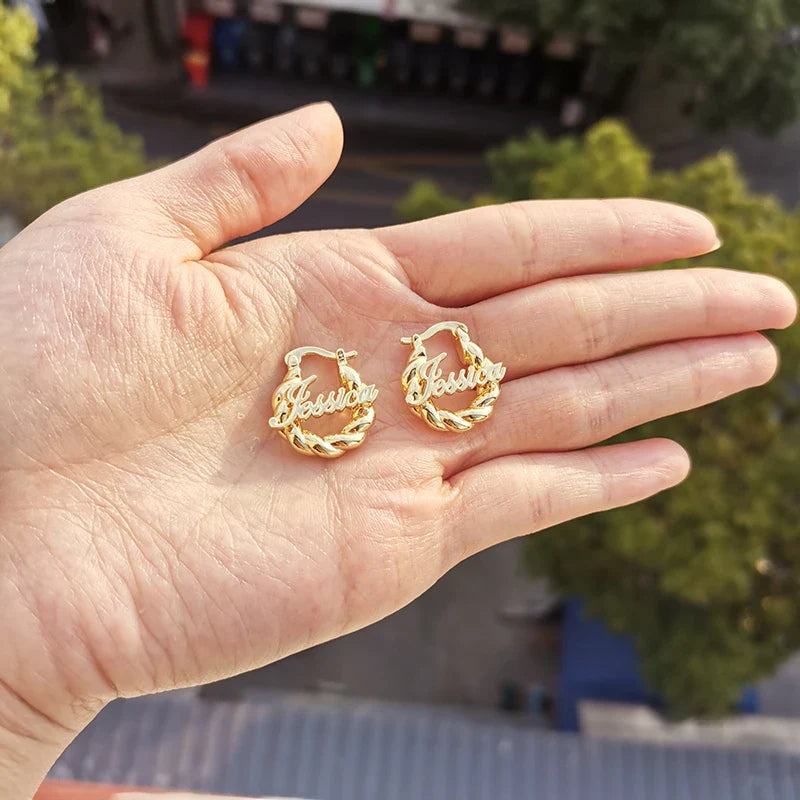 18mm Custom Name Earrings – Personalized Thick Twisted Hoop Earrings for Kids, Unique Gift Idea