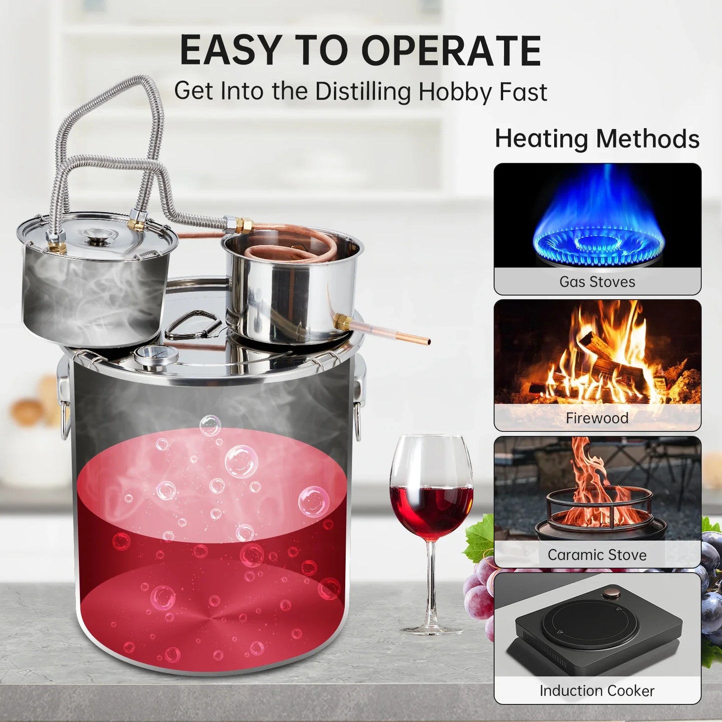 5Gal/19L Stainless Steel Water & Alcohol Distiller – Home Brewing Kit with Built-in Thermometer, Copper Tube, and Water Pump