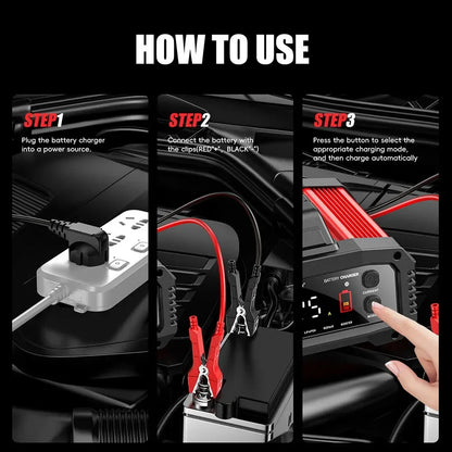 Portable 25A/15A Smart Car Battery Charger — 12V/24V AGM, GEL, LiFePO4 Motorcycle & Car Booster with Pulse Repair