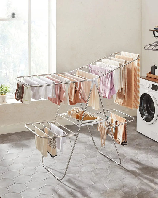 Foldable 2-Level Clothes Drying Rack – Large Free-Standing Laundry Rack with Height-Adjustable Wings