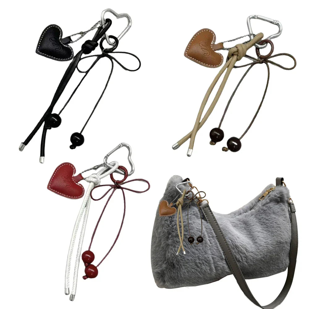 Y2K Leather Rope Keychain with Cherry Bow – Cute 3D Heart Bag Pendant Cartoon Keyring & Anti-Lost Phone Lanyard