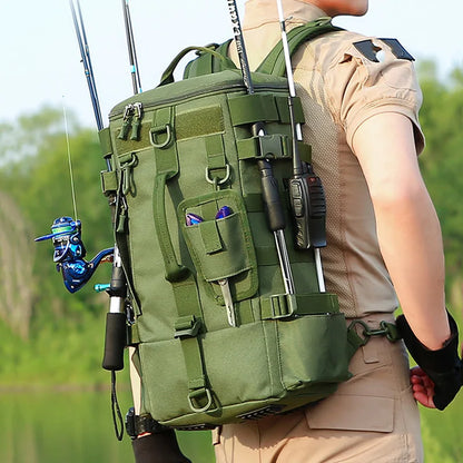Tactical Fishing Backpack – Multifunctional Tackle Bag with Rod Holders, Molle Storage for Fishing, Camping & Hiking