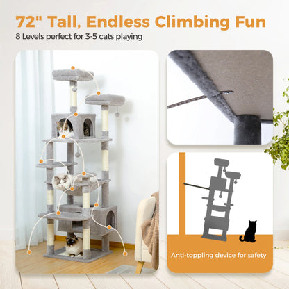 Large Cat Tree Tower – Multi-Level Plush Indoor Cat Condo with Scratching Posts, Boards, Perches & Caves