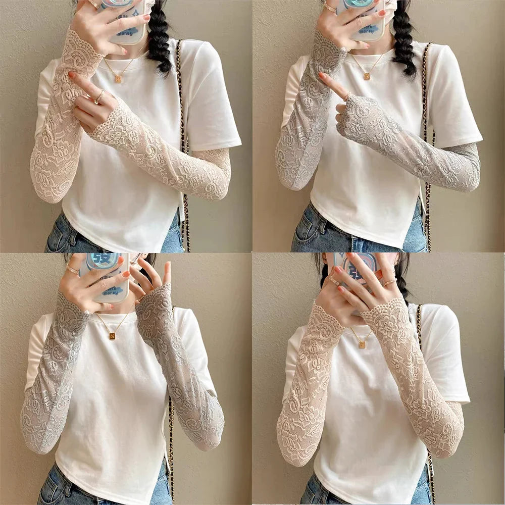 Summer Lace UV Solar Arm Sleeves for Women - Fingerless Gloves with Elastic Driving Coverage - Anti-Sunburn Arm Protection and Sexy Wrist Mittens