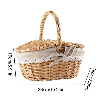 Handmade Wicker Picnic Basket with Handle – Multi-Purpose Willow Woven Storage Hamper for Outdoor Camping and Fruit
