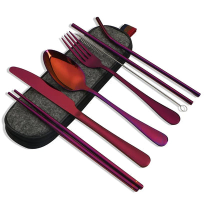 8-Piece Reusable Travel Cutlery Set — Stainless Steel Spoon, Fork, Chopsticks & Straw with Portable Case