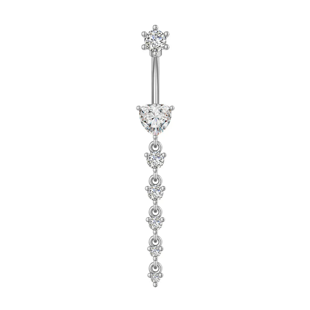 14G Surgical Steel Belly Button Ring – 7 Heart Crystal Long Dangle Navel Piercing Jewelry for Women