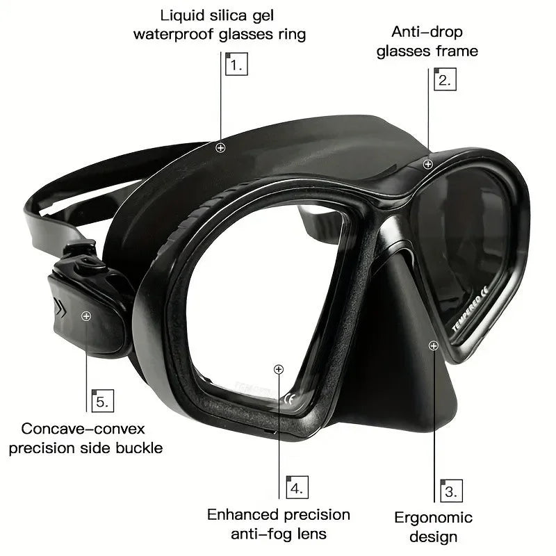Freediving Mask with Camera Mount - Two-Window Tempered Glass Waterproof Anti-Fog Snorkeling Mask