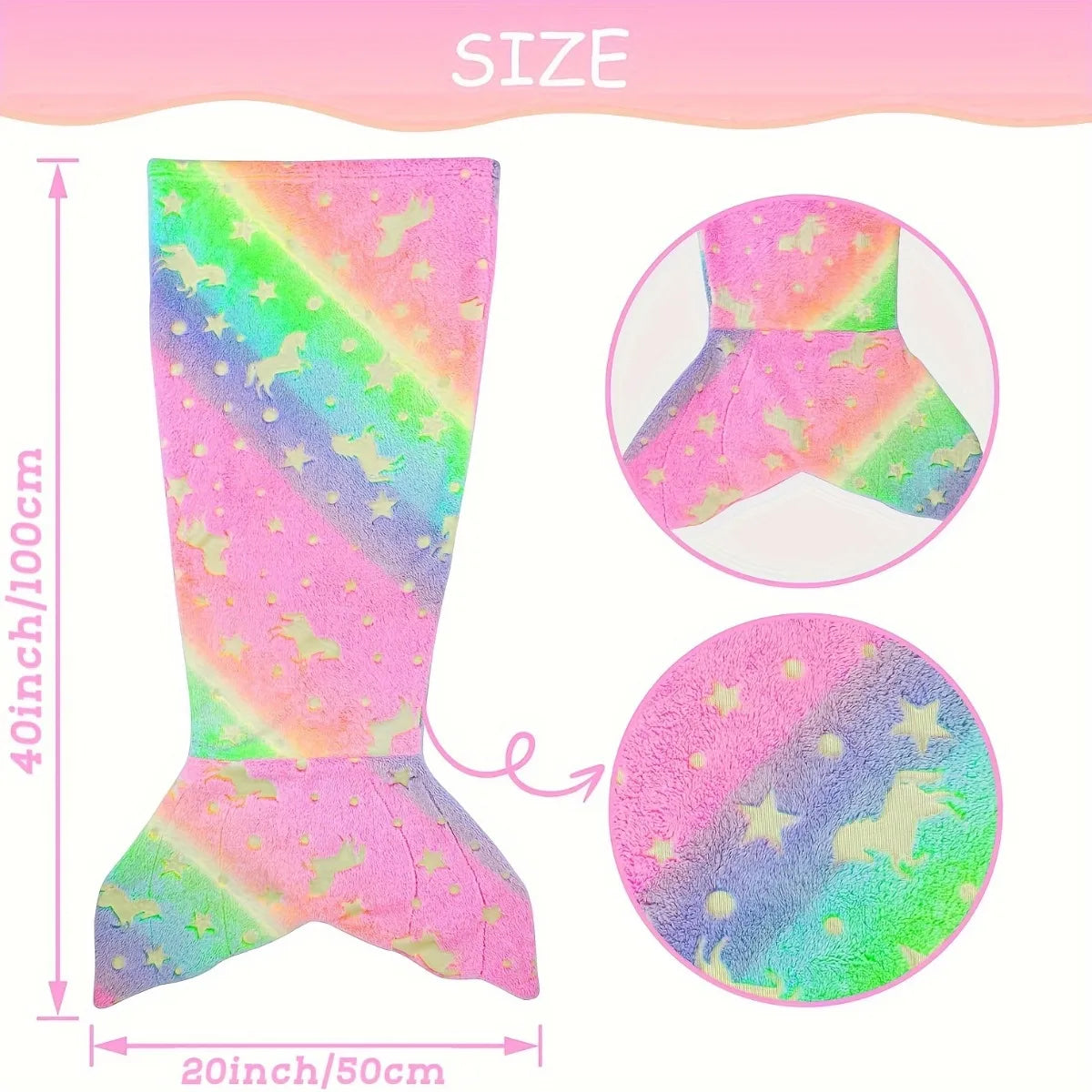 Cartoon Rainbow Unicorn Mermaid Tail Blanket — Super Soft Glow-in-the-Dark Flannel Blanket, Perfect Gift for Girls