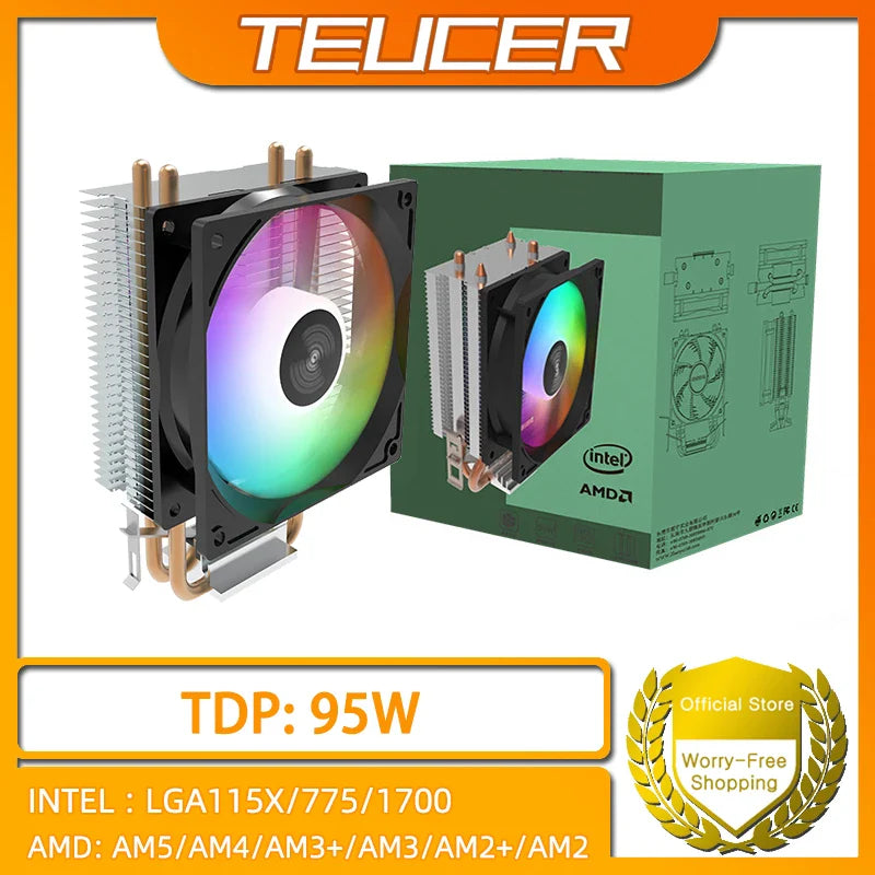 TEUCER CPU Cooler — 2-4 Heat Pipe Radiator with 3-Pin PWM Silent RGB Fan for Intel LGA 1700/1150/1155/1156/1366 & AMD AM2/AM3/AM4