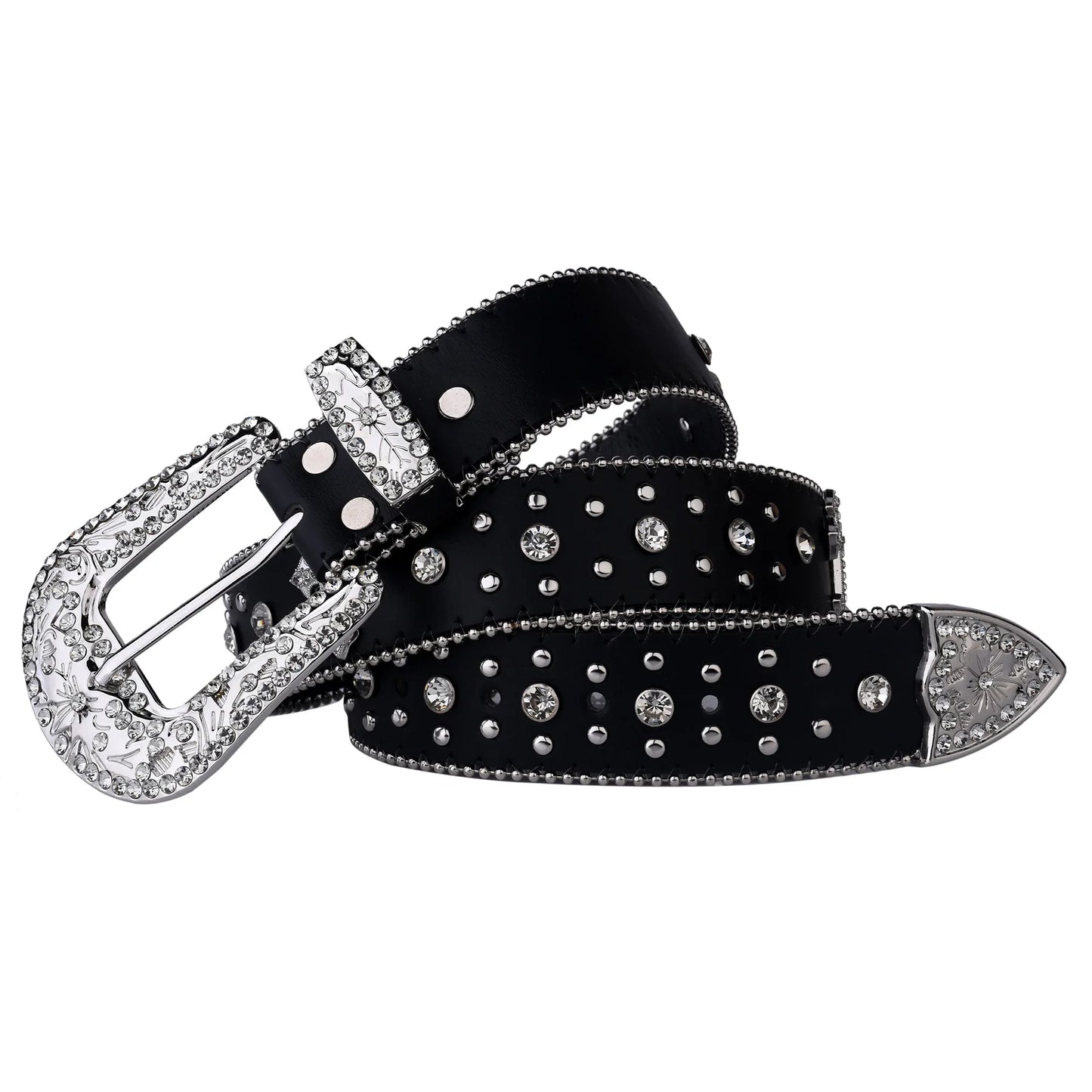 Black Cross Rivet Belt with Engraved Buckle – Rhinestone PU Punk Western Cowboy Cowgirl Jeans Belt