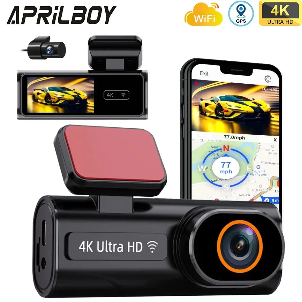 Aprilboy K6 4K WIFI Dash Cam - Front & Rear Dual Lens, 1080P Night Vision, Parking Monitor, Mini Car DVR