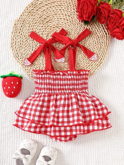 Baby Girl Strawberry Gingham Smocked Romper Dress – Tie-Strap Summer One-Piece with Stretchy Bodice & Layered Skirt