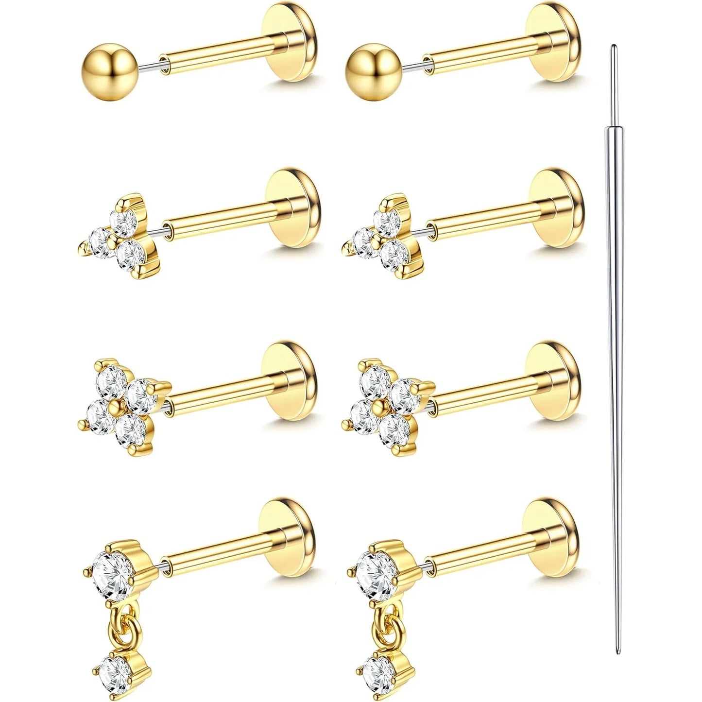 14K Gold Plated CZ Flat Back Stud Earrings – 316L Surgical Steel Threadless Nose, Helix & Cartilage Piercing Jewelry