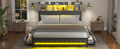 Queen Bed Frame with 4 Storage Drawers – Upholstered LED Bed with Bookcase Headboard, Type-C & USB Charging Station