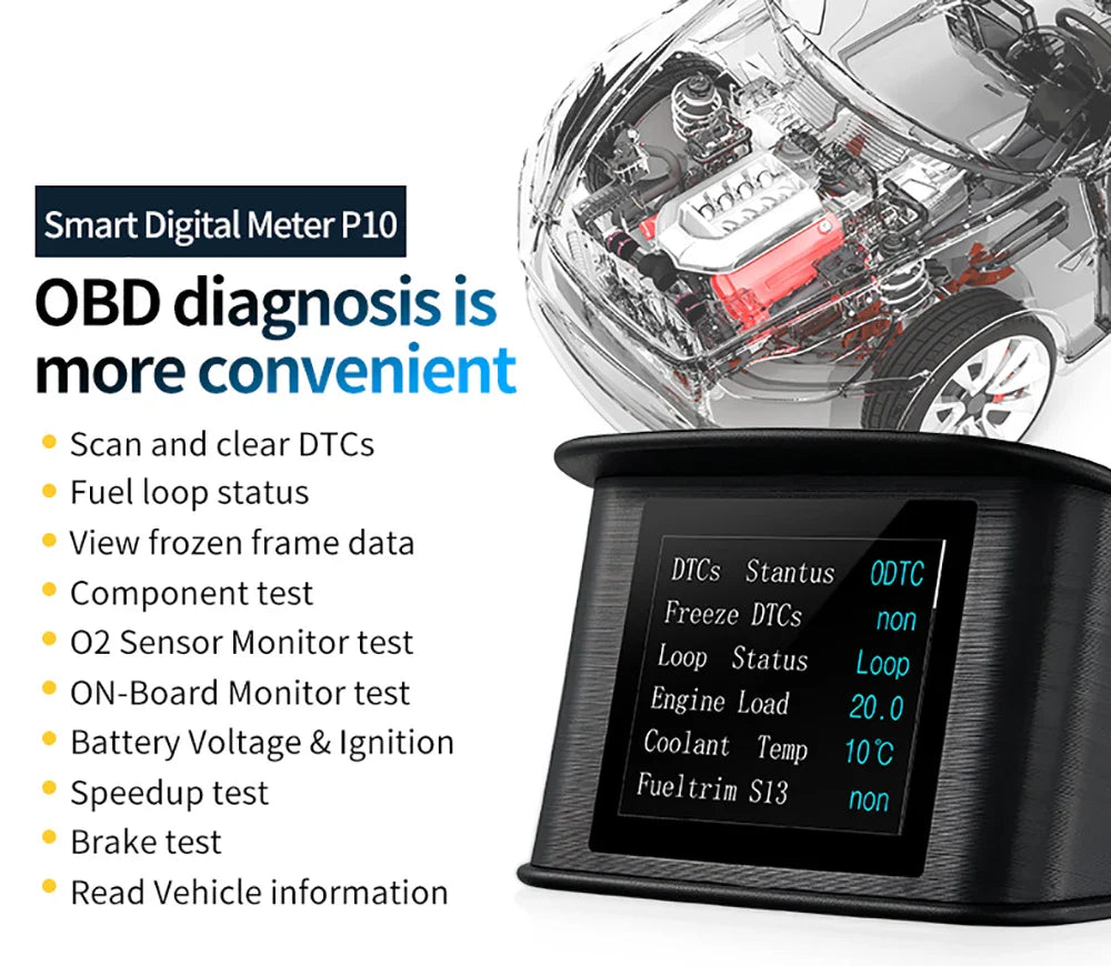 P10 Pro Head-Up Display – On-Board OBD2 Computer with Digital Speedometer, Mileage, Temperature & Driving Data Gauge