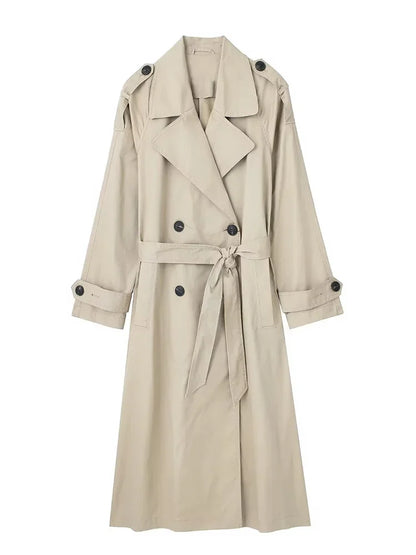 Willshela Women’s Double Breasted Trench Coat - Fashion Belted Vintage Lapel Long Sleeve Chic Outerwear Outfit