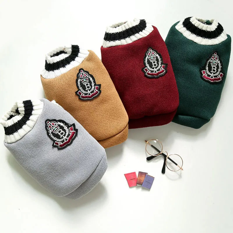 Knitted Dog Sweater for Small to Medium Breeds - Winter Warm Padded V-Neck School Uniform Coat for Chihuahuas and French Bulldogs