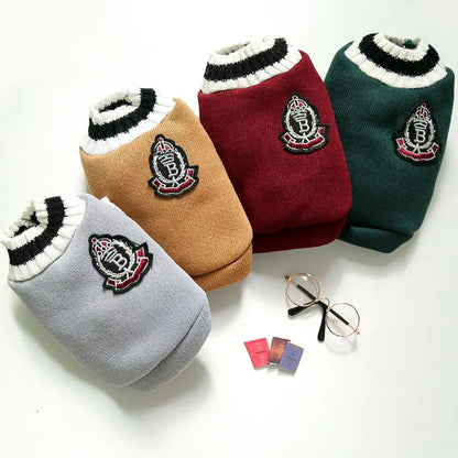 Knitted Dog Sweater for Small to Medium Breeds - Winter Warm Padded V-Neck School Uniform Coat for Chihuahuas and French Bulldogs