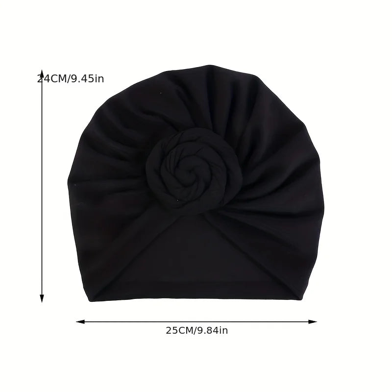 Stylish Headwear Set: 2pcs/lot Cotton Turban Top Knot Flower Decor Headwrap - Muslim Ladies Hair Cover Beanie - Solid Color India Hat for Women