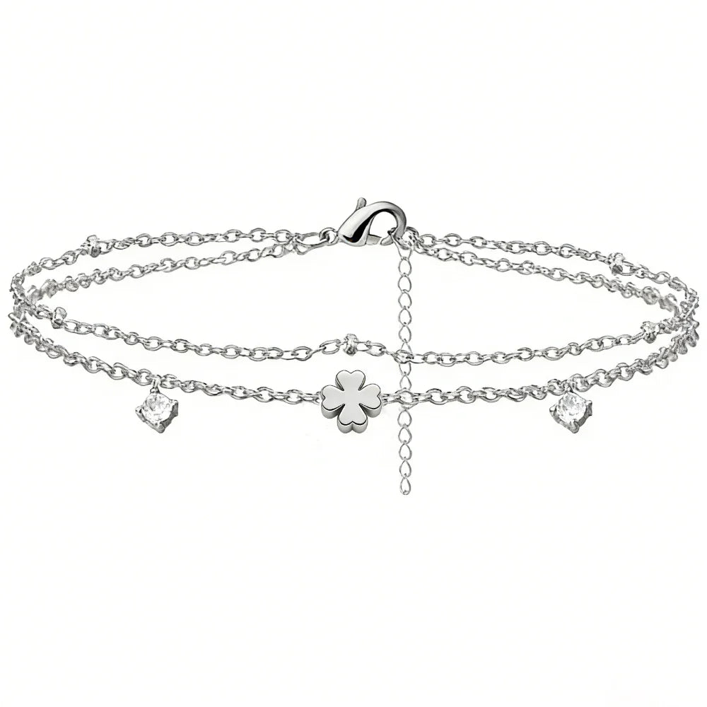 925 Silver Plated CZ Anklet Bracelet – Waterproof Heart Charm Dainty Layered Chain Anklet for Women & Girls Jewelry Gift