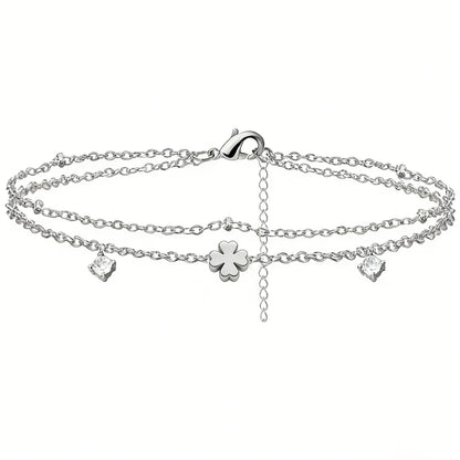 925 Silver Plated CZ Anklet Bracelet – Waterproof Heart Charm Dainty Layered Chain Anklet for Women & Girls Jewelry Gift